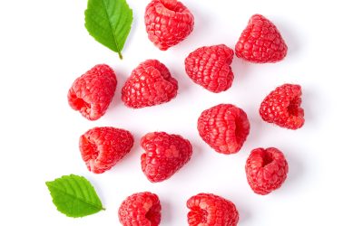 ripe raspberries isolated on white background. top view