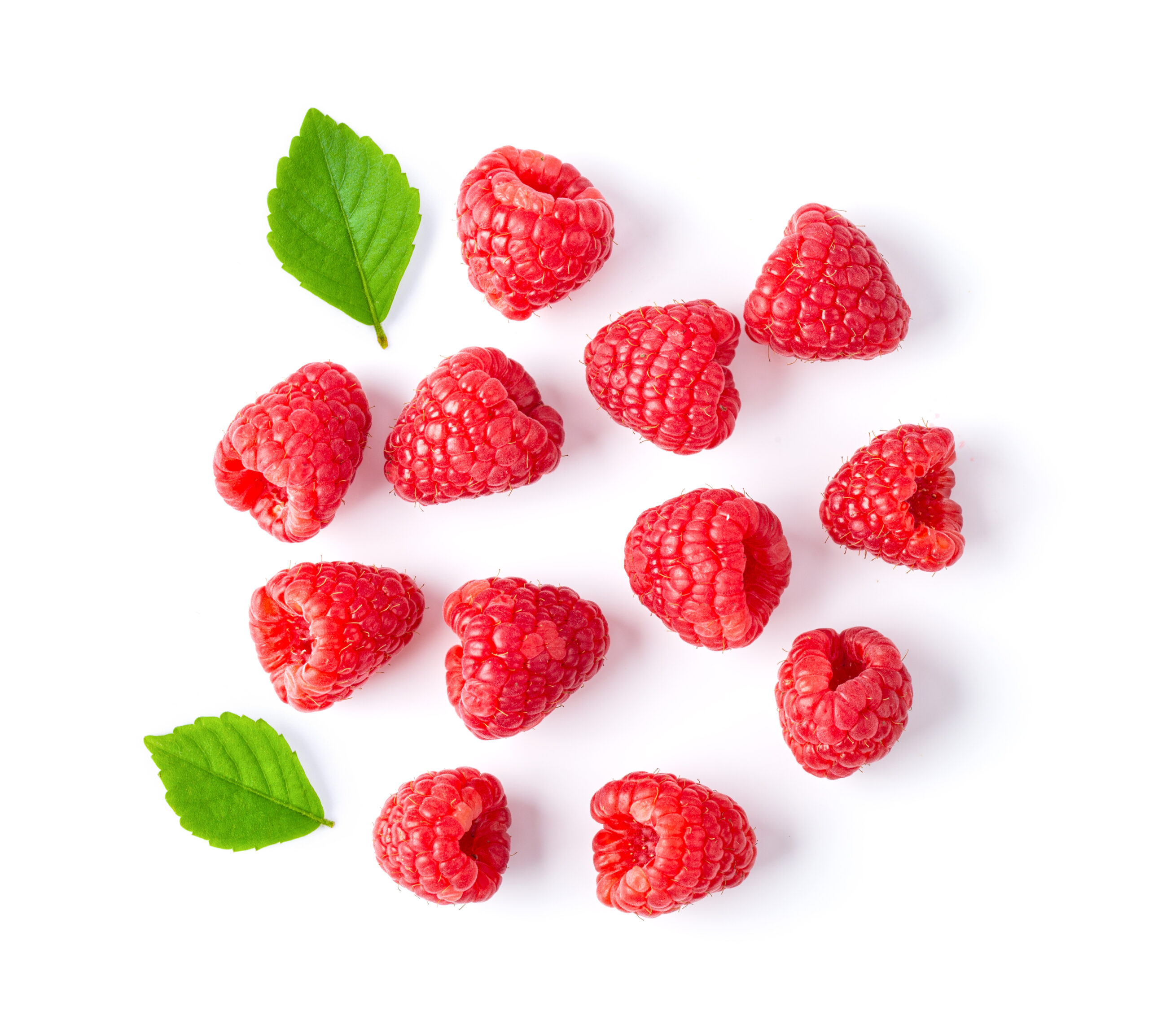 ripe raspberries isolated on white background. top view